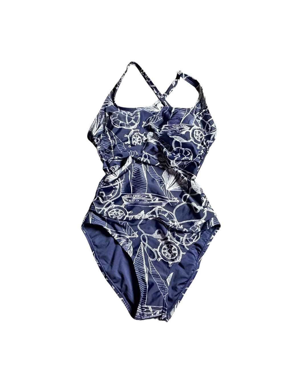 NAUTICA navy blue white nautical print cross back one piece swimsuit size Small